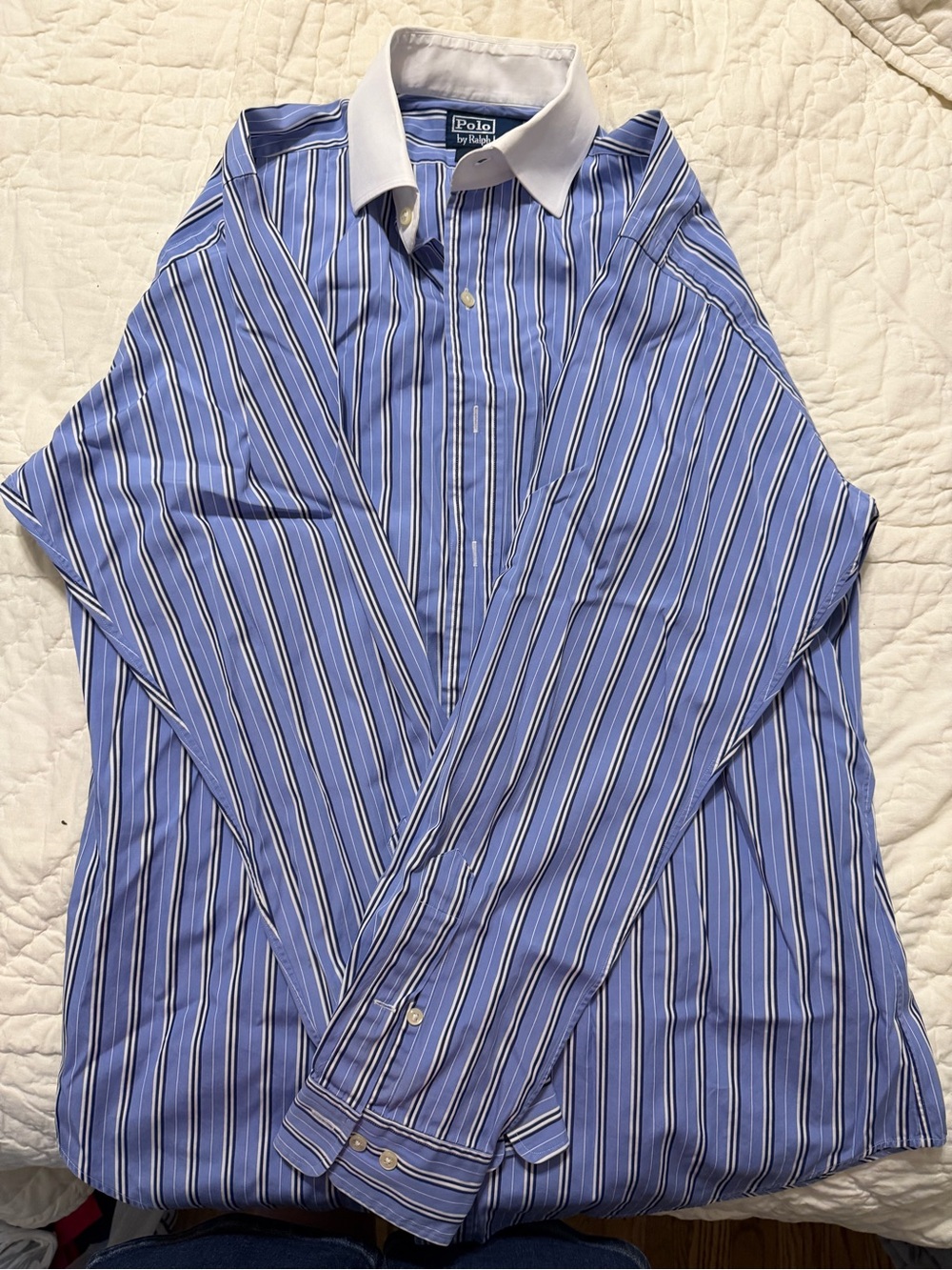 Ralph Lauren Blue Stripe Dress Shirt with White Contrast Collar